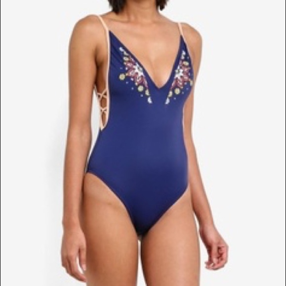 TOPSHOP Embroidered Plunge Swimsuit